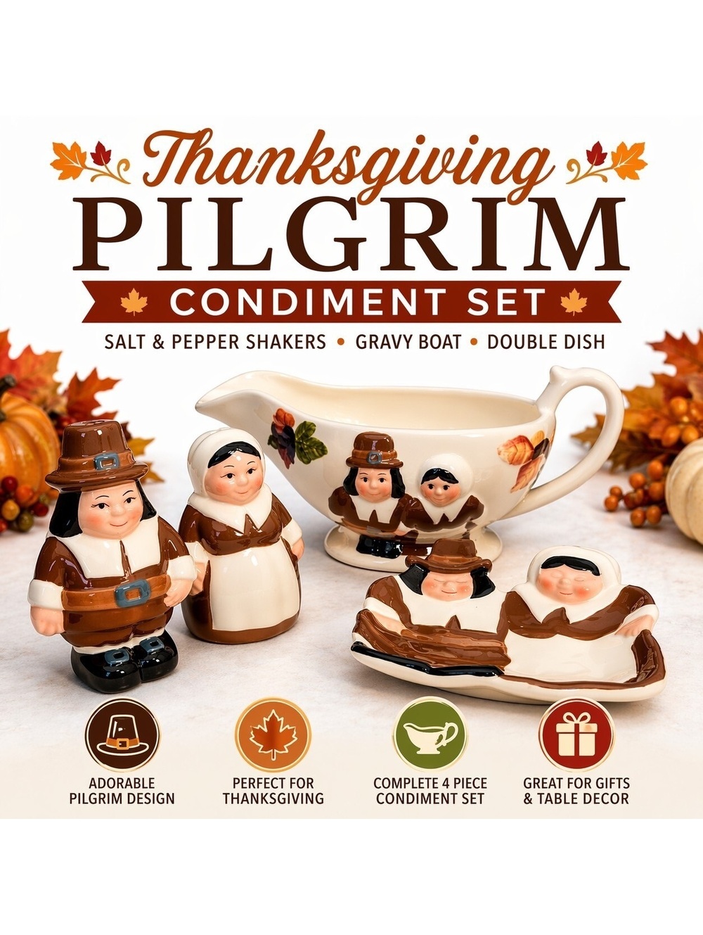 Publix Pilgrims Inc 2002 Thanksgiving Ceramic Set Gravy Boat Salt Pepper Relish